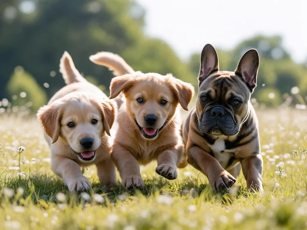 puppies playing in field